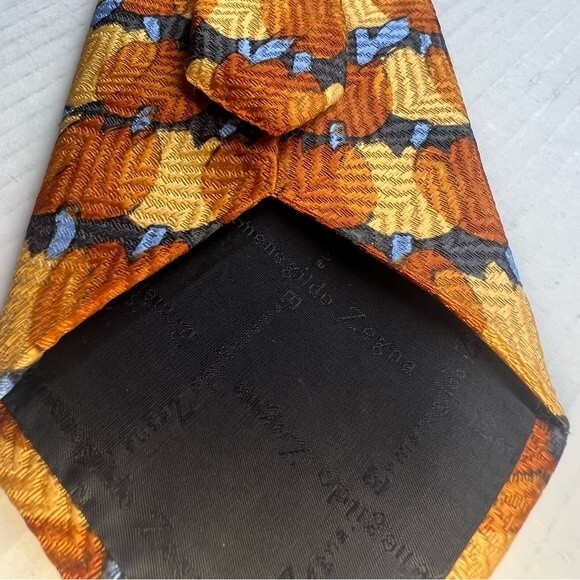 Ermenegildo Zegna 100% Silk Rust Brown Gold Blue Men's Necktie Tie Autumn Fall - Picture 7 of 11